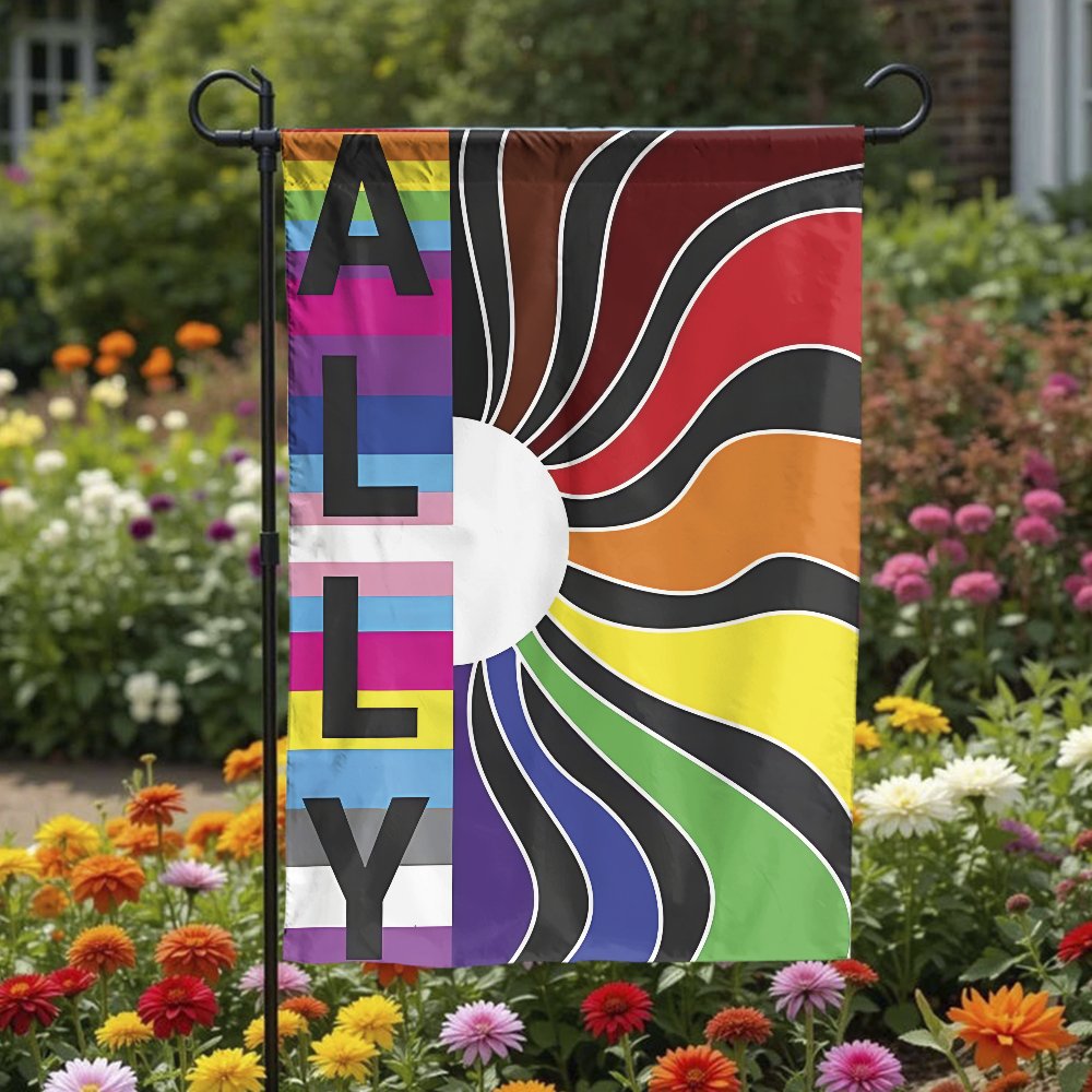 LGBTQ Ally Garden Flag | Pride Rainbow Sunburst Design | Durable Weather-Resistant Polyester | Outdoor Pride Month Decor Gift