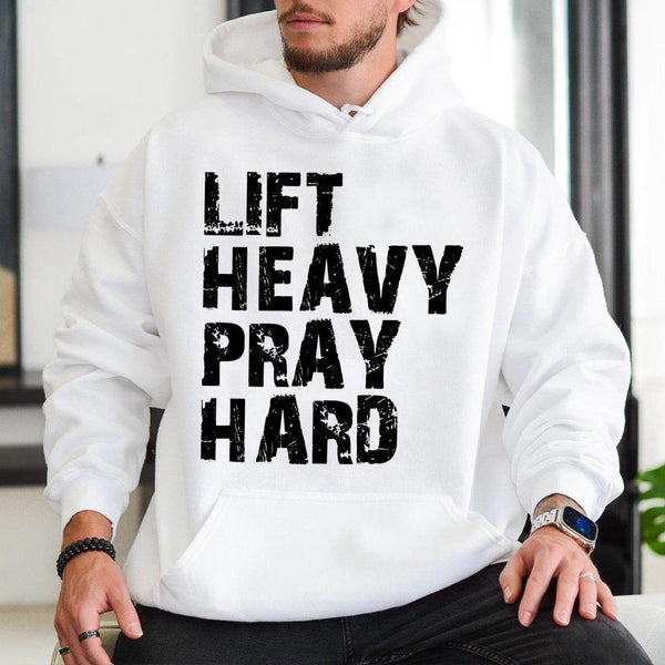 Lift Heavy Pray Hard Hoodie | Distressed Fitness Faith Graphic | Premium Cotton Blend | Christian Gym Gift For Men Women