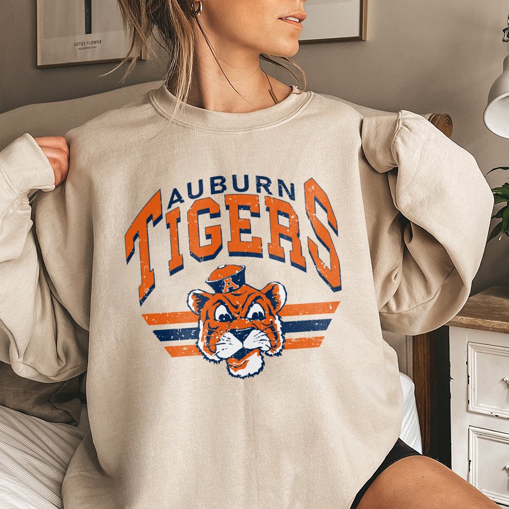 Auburn Tigers Sweatshirt | Vintage Mascot Distressed Logo Graphic | Premium Cotton Blend | College Football Fan Gift For Stud