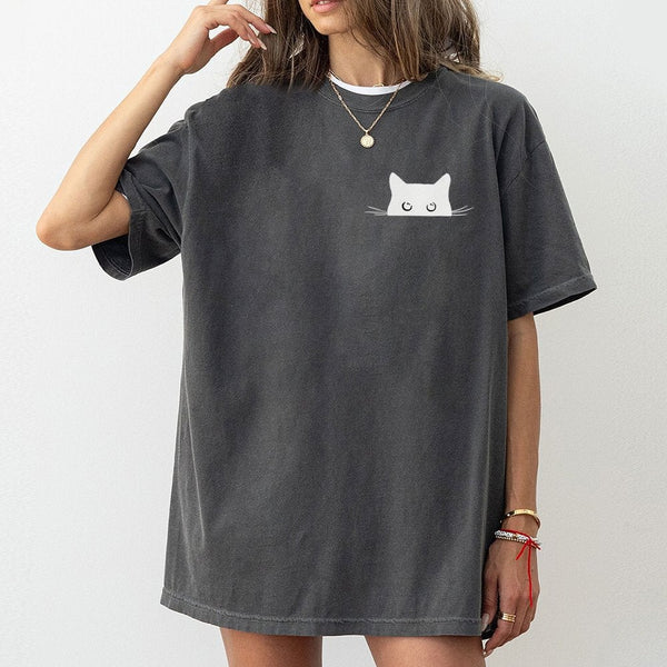 Peeking Cat T-Shirt | Minimalist Kawaii Kitty Graphic | Premium 100% Cotton | Cute Animal Lover Gift Tee