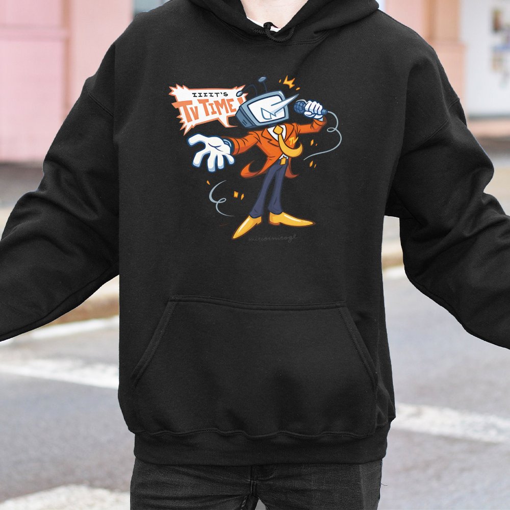Retro TV Show Host Hoodie | Cartoon Television Character Graphic | Premium Cotton-Blend Fleece | Unique Gaming & Pop Culture 