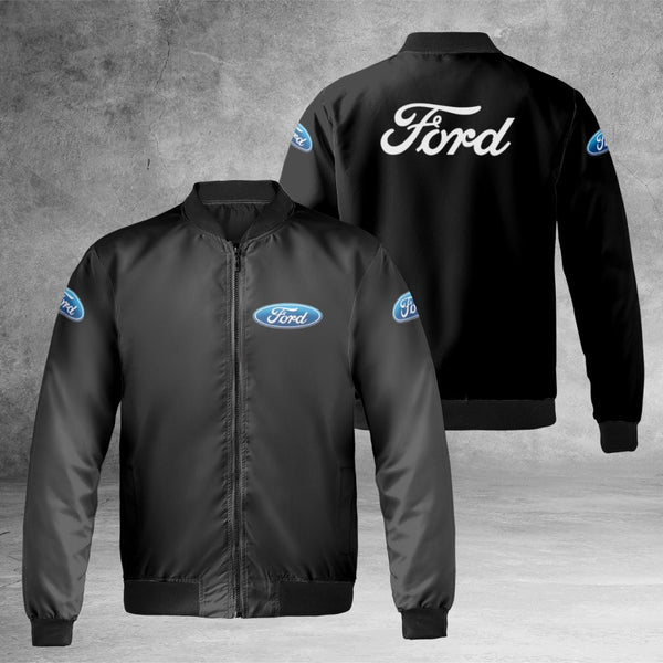 Ford Logo Bomber Jacket | Classic Black Nylon Streetwear | Premium Padded Quilted Lining | Automotive Enthusiast Gift For Men