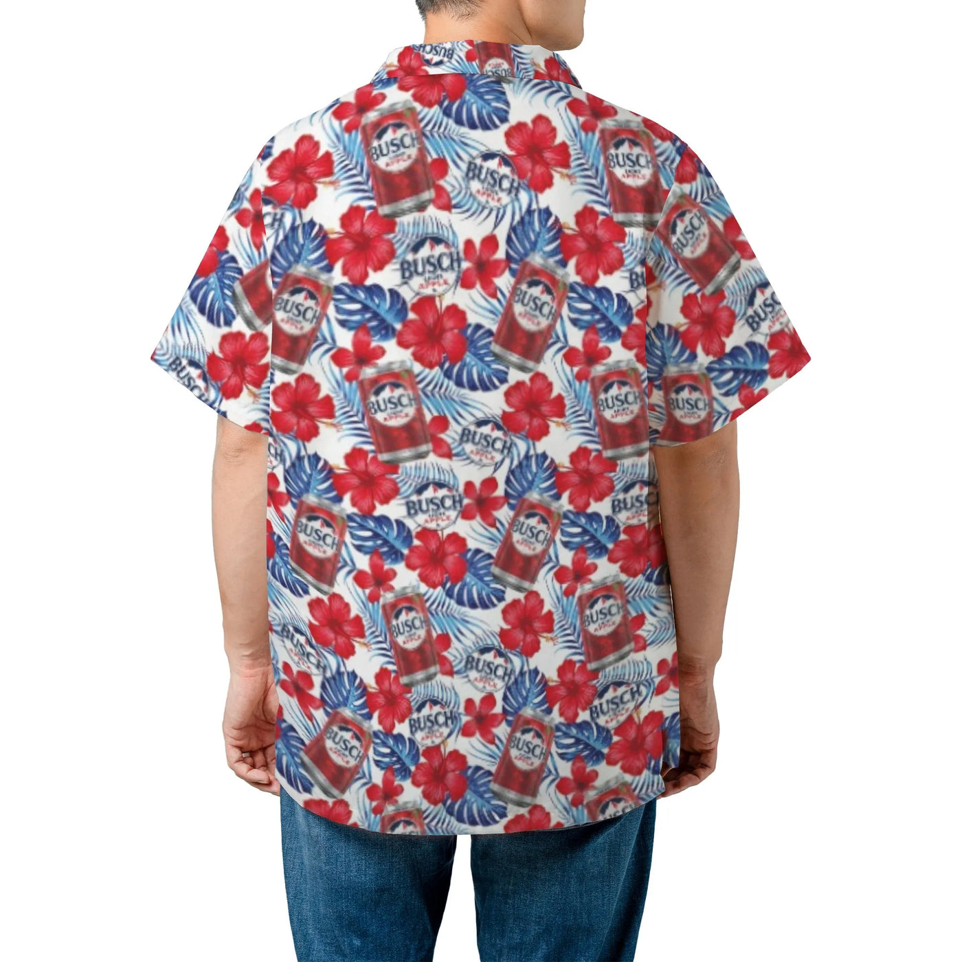 Busch Light Apple Hawaiian Shirt | Tropical Red Hibiscus Beer Print | Woven Polyester Summer Button-Up | Gift for Beer Lovers