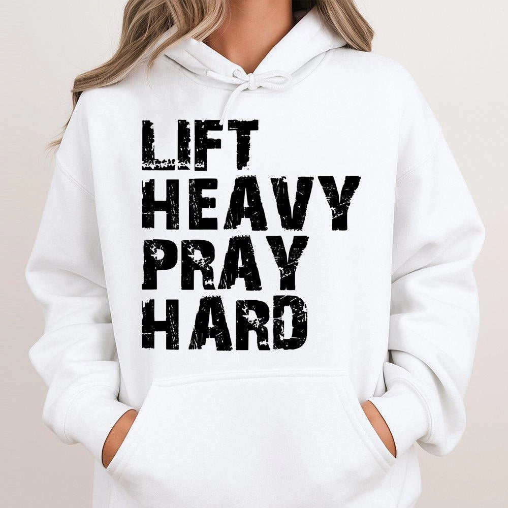 Lift Heavy Pray Hard Hoodie | Distressed Fitness Faith Graphic | Premium Cotton Blend | Christian Gym Gift For Men Women