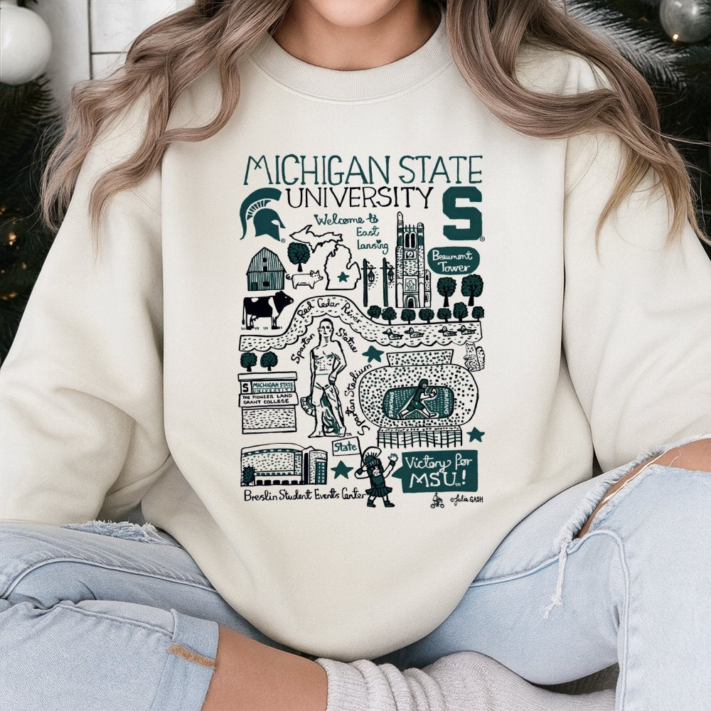 Michigan State University Sweatshirt | MSU Campus Landmarks Illustration | Premium Cotton Blend Crewneck | Gift for Spartans 