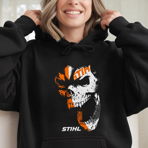 Graphic Skull Hoodie | Distressed Chainsaw Mechanic Design | Premium Cotton Blend | Gift for Construction Workers and Equipme
