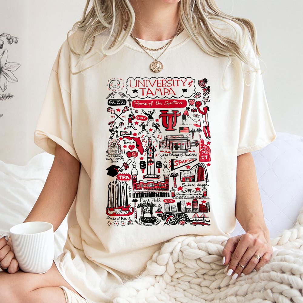 University of Tampa T-Shirt | Spartans Campus Map Doodle Graphic | 100% Cotton Premium Tee | Tampa Florida College Student Gi