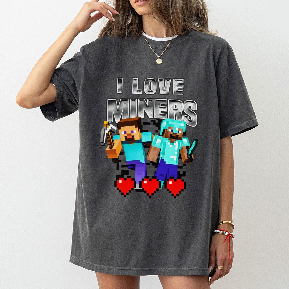 I Love Miners Pixel Graphic T-Shirt | Retro Gamer Mining Adventure Tee | 100% Cotton Premium Quality | Funny Video Game Gift 