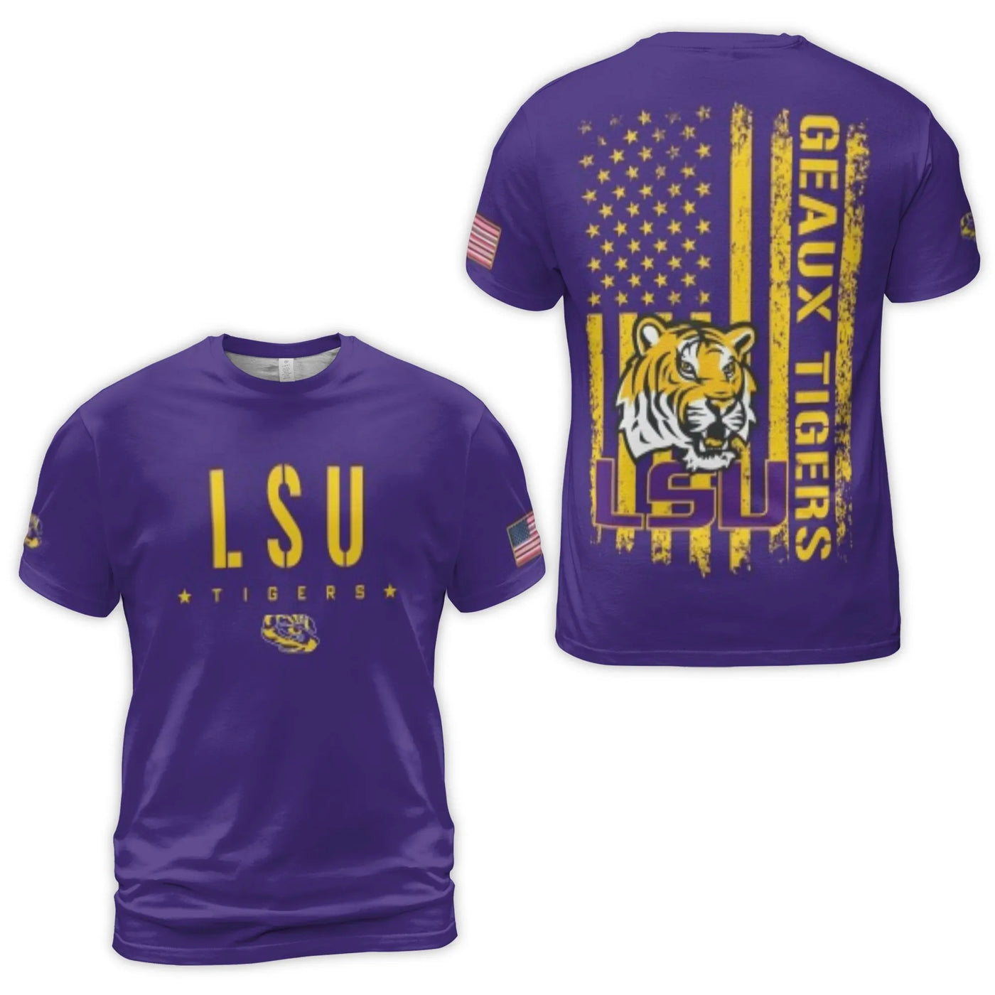 LSU Tigers T-Shirt | Geaux Tigers Distressed American Flag Graphic | Premium Polyester Jersey | College Football Fan Gift