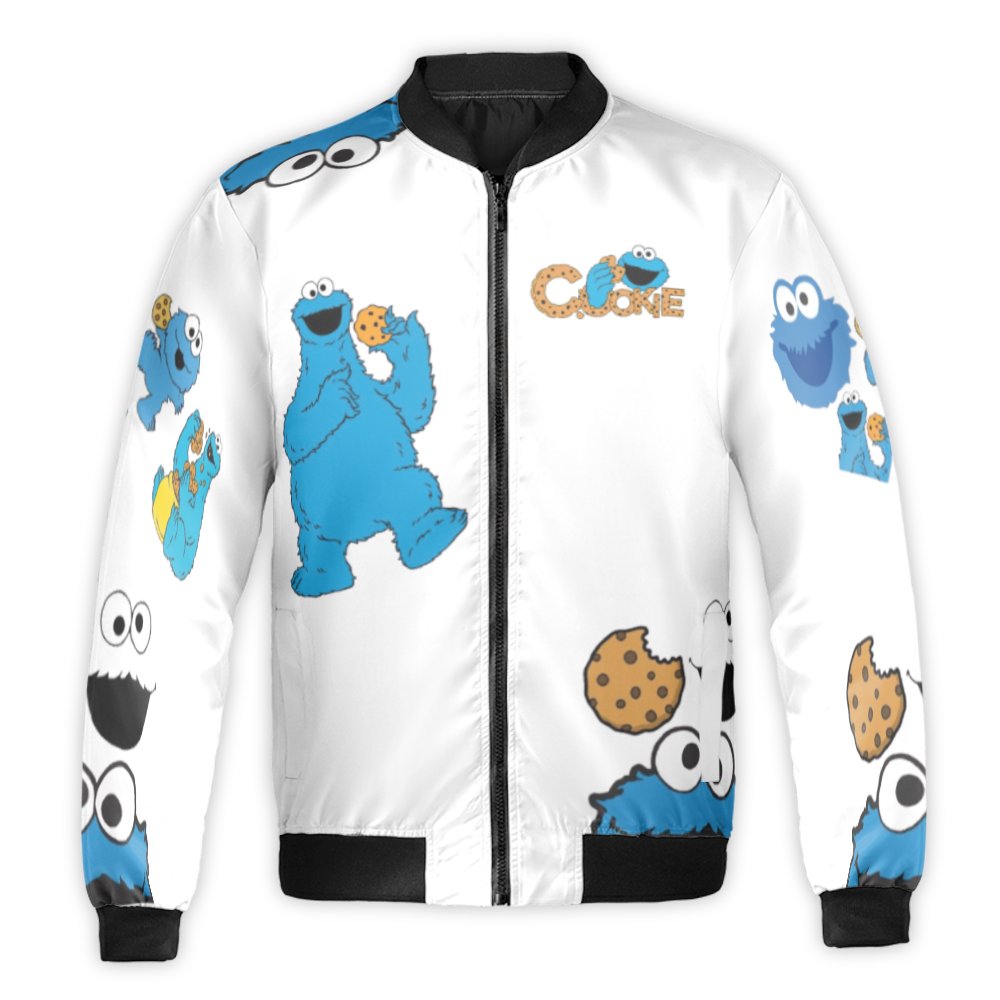 Cookie Monster Bomber Jacket | Nostalgic Cartoon Streetwear | Durable Nylon Shell | Fun Gift for Fans and Cookie Lovers