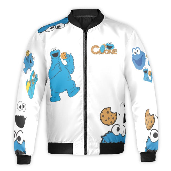 Cookie Monster Bomber Jacket | Nostalgic Cartoon Streetwear | Durable Nylon Shell | Fun Gift for Fans and Cookie Lovers