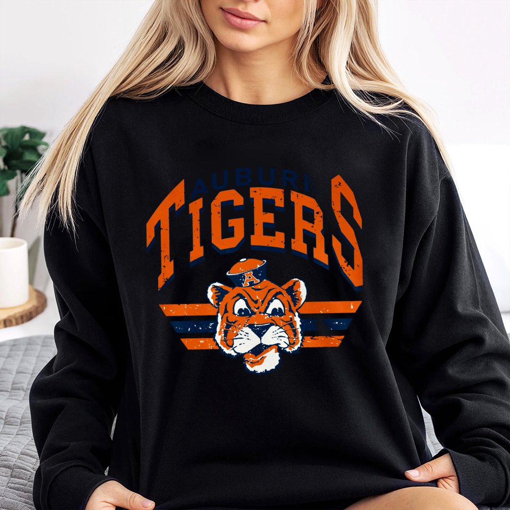 Auburn Tigers Sweatshirt | Vintage Mascot Distressed Logo Graphic | Premium Cotton Blend | College Football Fan Gift For Stud