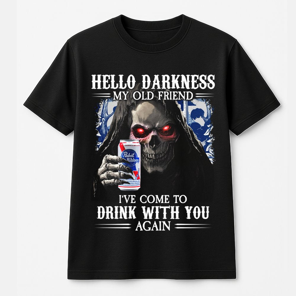Grim Reaper Beer T-Shirt | Hello Darkness My Old Friend Graphic | Premium Cotton Unisex Tee | Funny Drinking Gift for Beer Lo