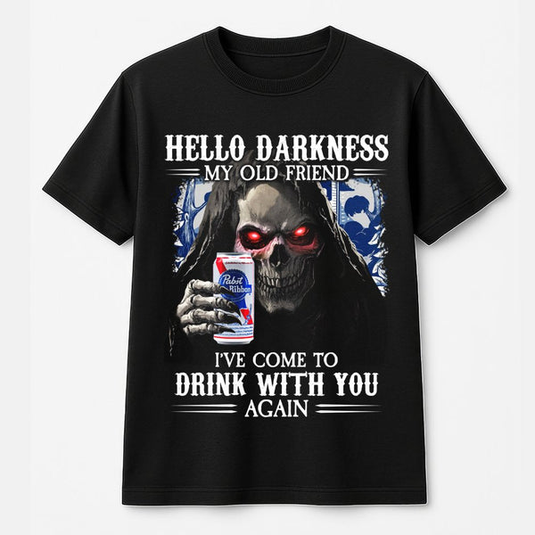 Grim Reaper Beer T-Shirt | Hello Darkness My Old Friend Graphic | Premium Cotton Unisex Tee | Funny Drinking Gift for Beer Lo