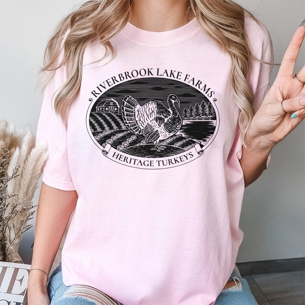 Riverbrook Lake Farms Turkey T-Shirt | Heritage Farm Graphic Design | 100% Cotton Premium Apparel | Funny Thanksgiving Gift f