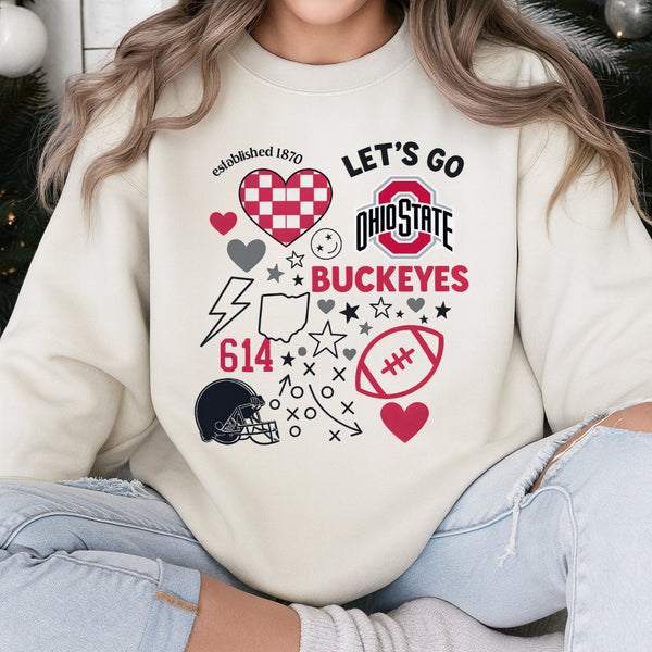 Ohio State Football Sweatshirt | Doodle College Game Day Graphic | Soft Cotton Blend Crewneck | Premium Fan Gift for Buckeyes