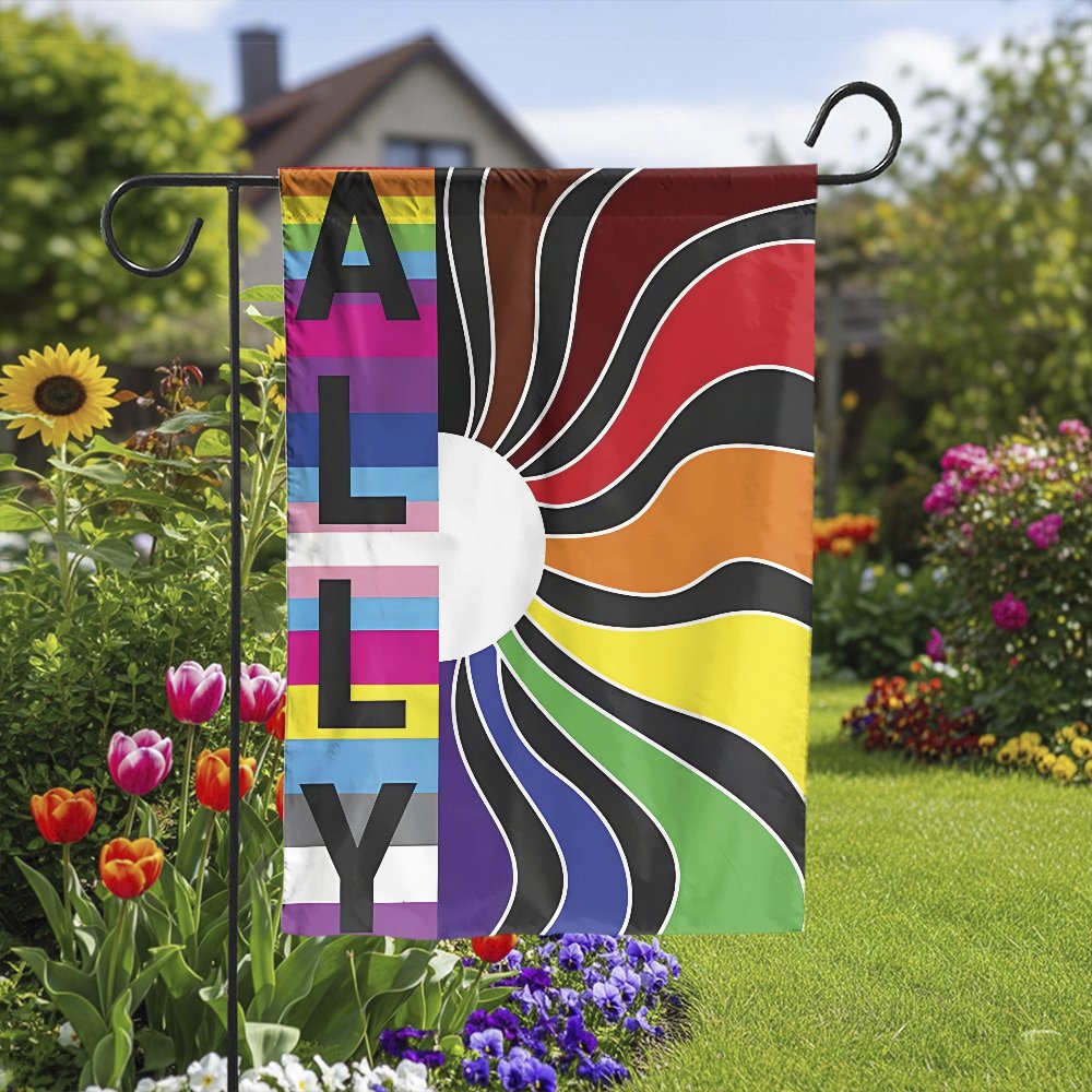LGBTQ Ally Garden Flag | Pride Rainbow Sunburst Design | Durable Weather-Resistant Polyester | Outdoor Pride Month Decor Gift