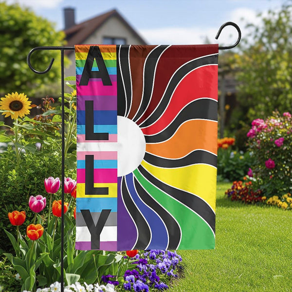 LGBTQ Ally Garden Flag | Pride Rainbow Sunburst Design | Durable Weather-Resistant Polyester | Outdoor Pride Month Decor Gift
