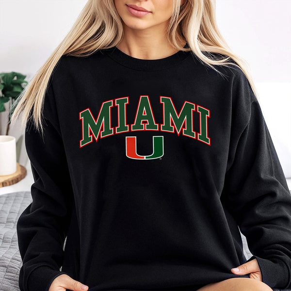 Miami Hurricanes Arched Logo Sweatshirt | Collegiate Sports Fan Graphic Pullover | Soft Cotton Polyester Blend | Unisex Gift 
