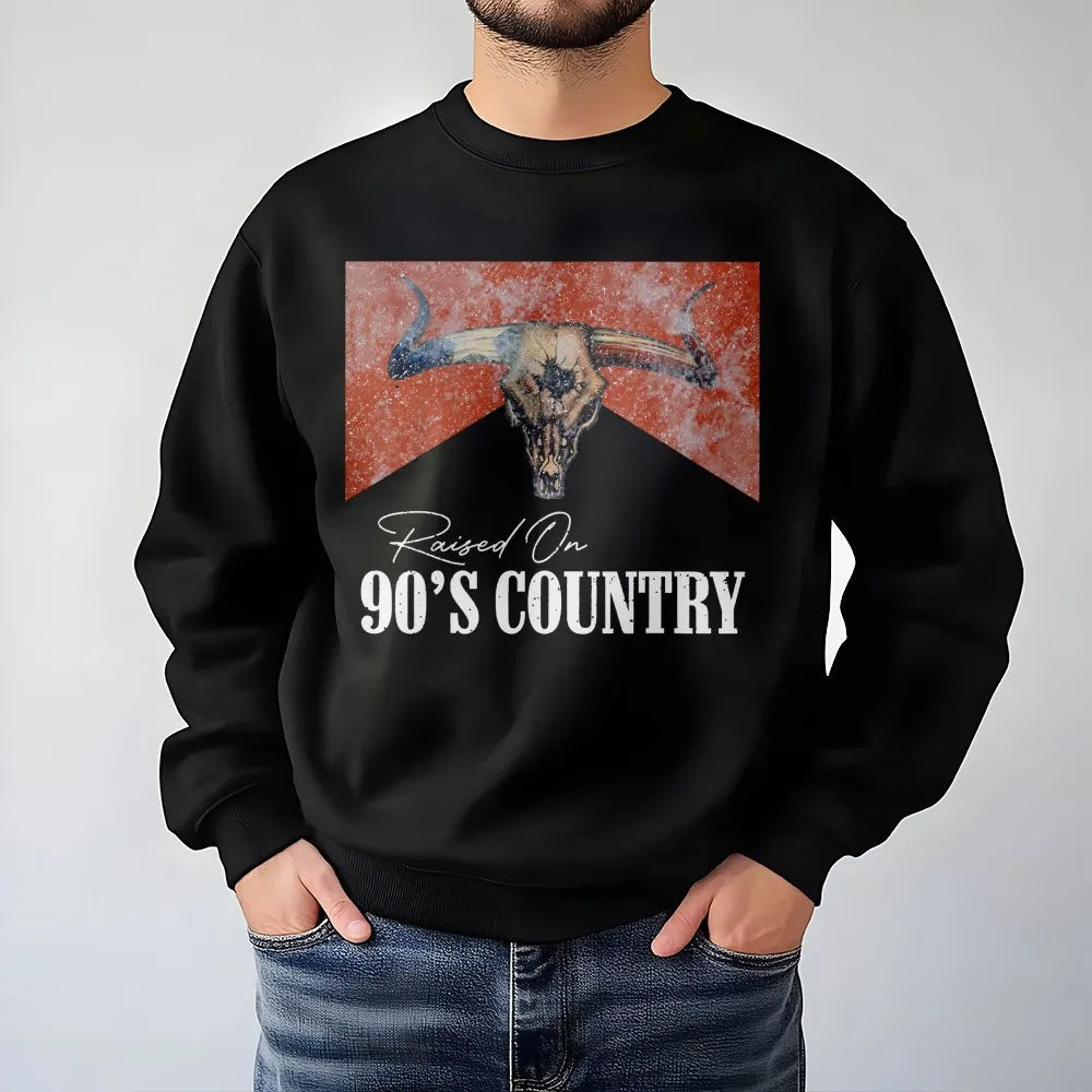 Raised On 90s Country Sweatshirt | Distressed Bull Skull Graphic | Premium Cotton Blend | Vintage Western Concert Outfit Gift