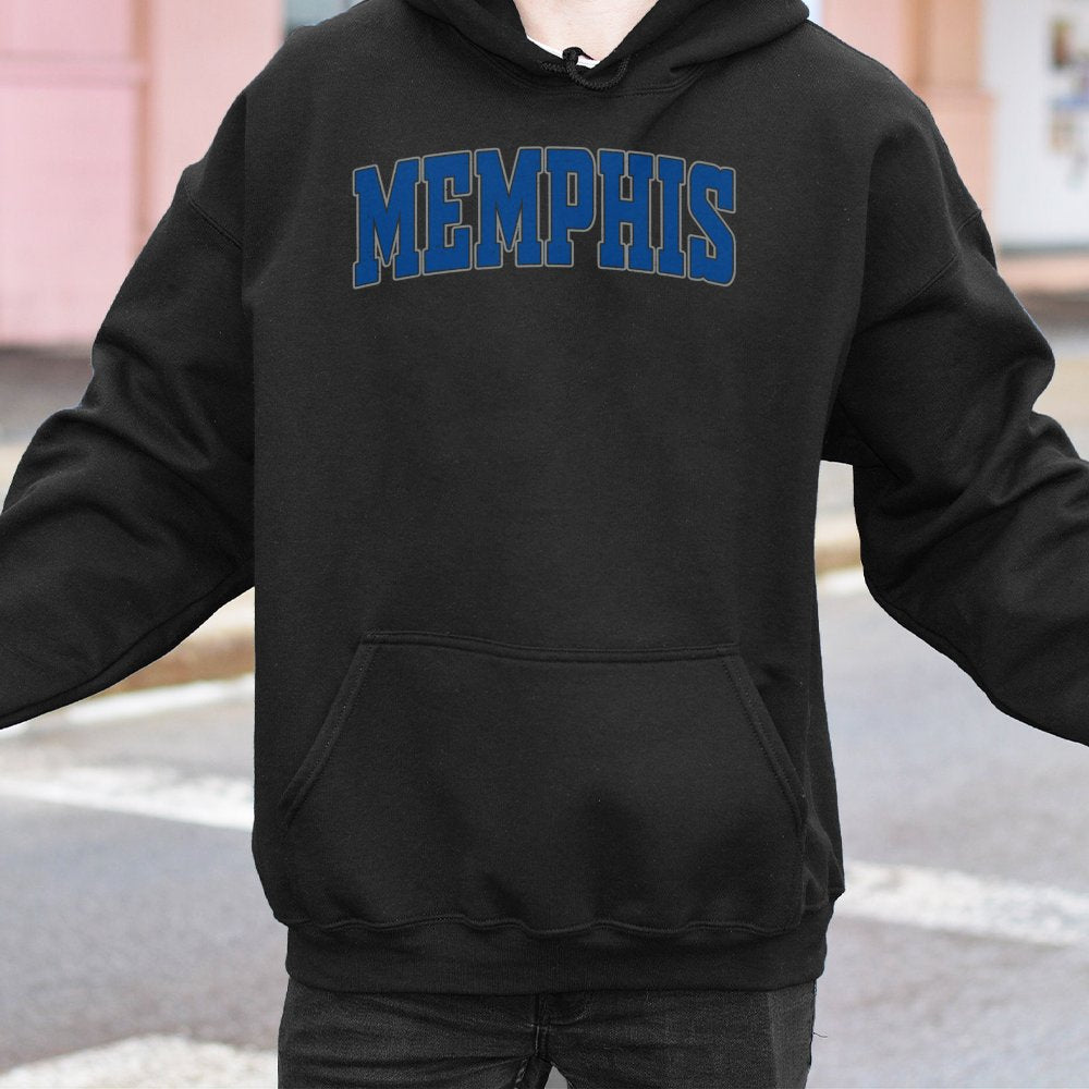 Memphis Hoodie | Vintage Blue Collegiate Font Graphic | Premium Cotton-Poly Blend | Unisex Souvenir Gift for Students and Res