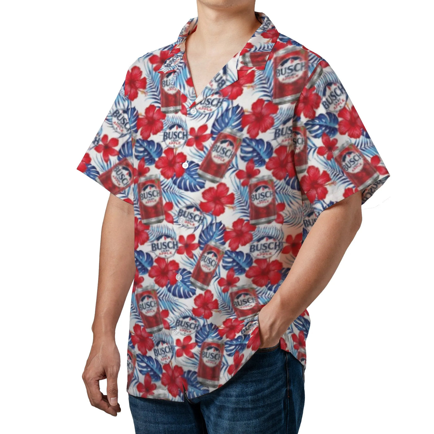 Busch Light Apple Hawaiian Shirt | Tropical Red Hibiscus Beer Print | Woven Polyester Summer Button-Up | Gift for Beer Lovers