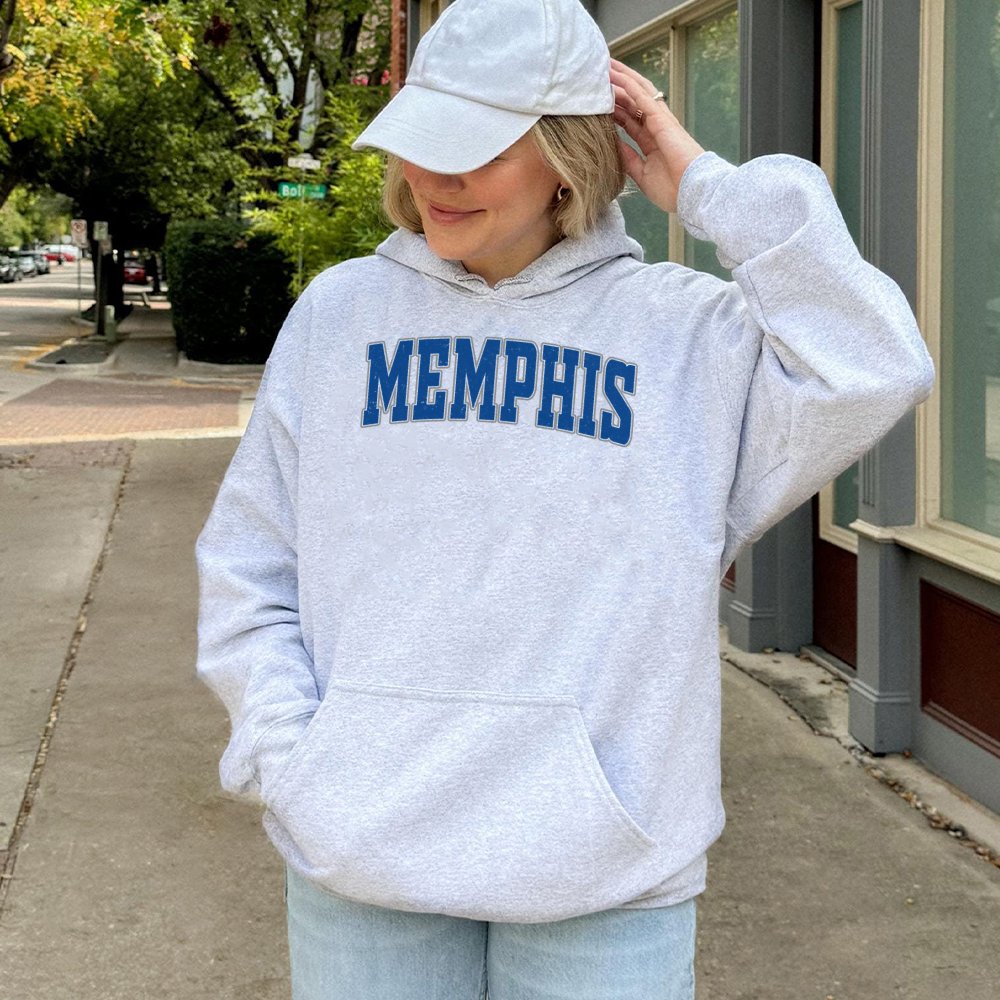 Memphis Hoodie | Vintage Blue Collegiate Font Graphic | Premium Cotton-Poly Blend | Unisex Souvenir Gift for Students and Res