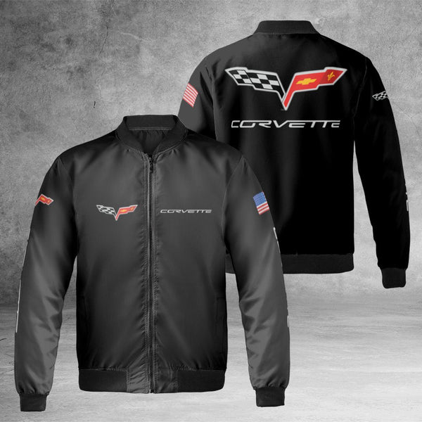 Corvette Bomber Jacket | Iconic Logo Sports Car Graphic | Durable Nylon Streetwear | Gift For Chevy Enthusiasts