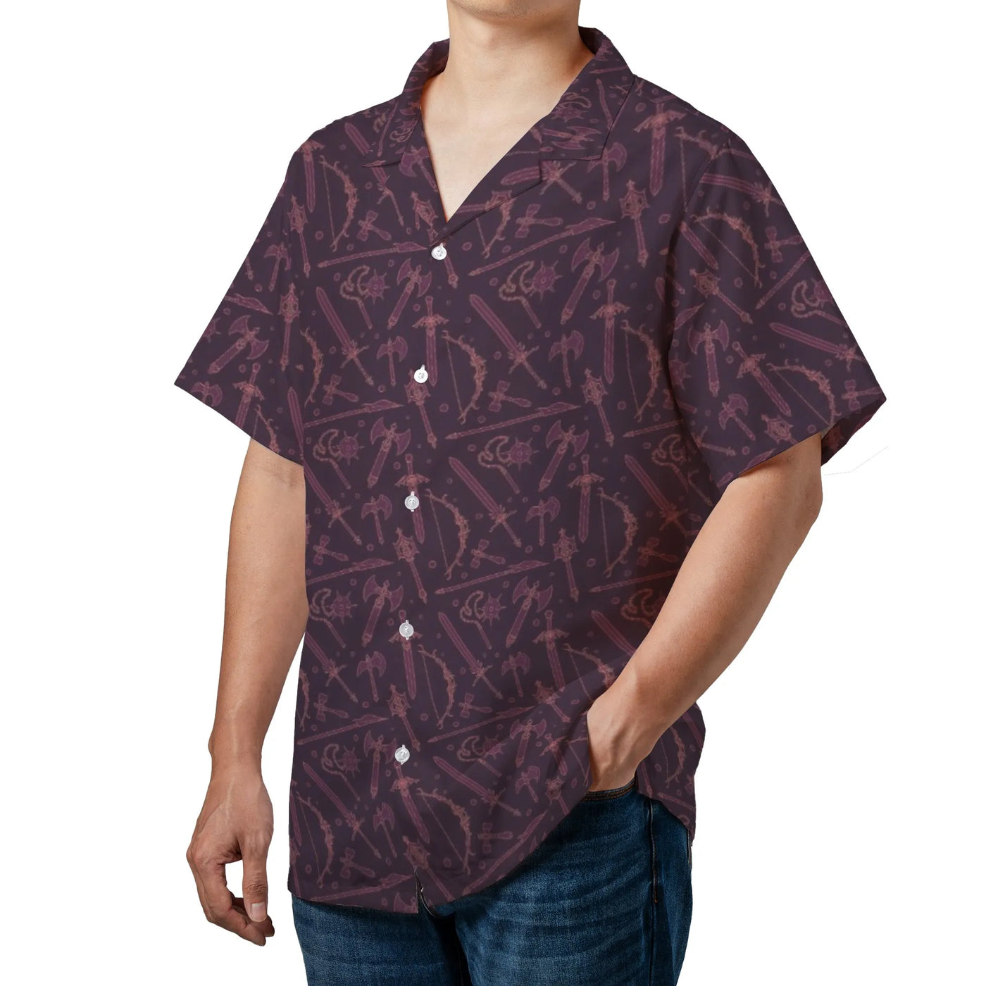Fantasy Weapons Hawaiian Shirt | RPG Gamer Button Down | Wrinkle-Resistant Polyester | Gift for D&D Enthusiasts and Fantasy L