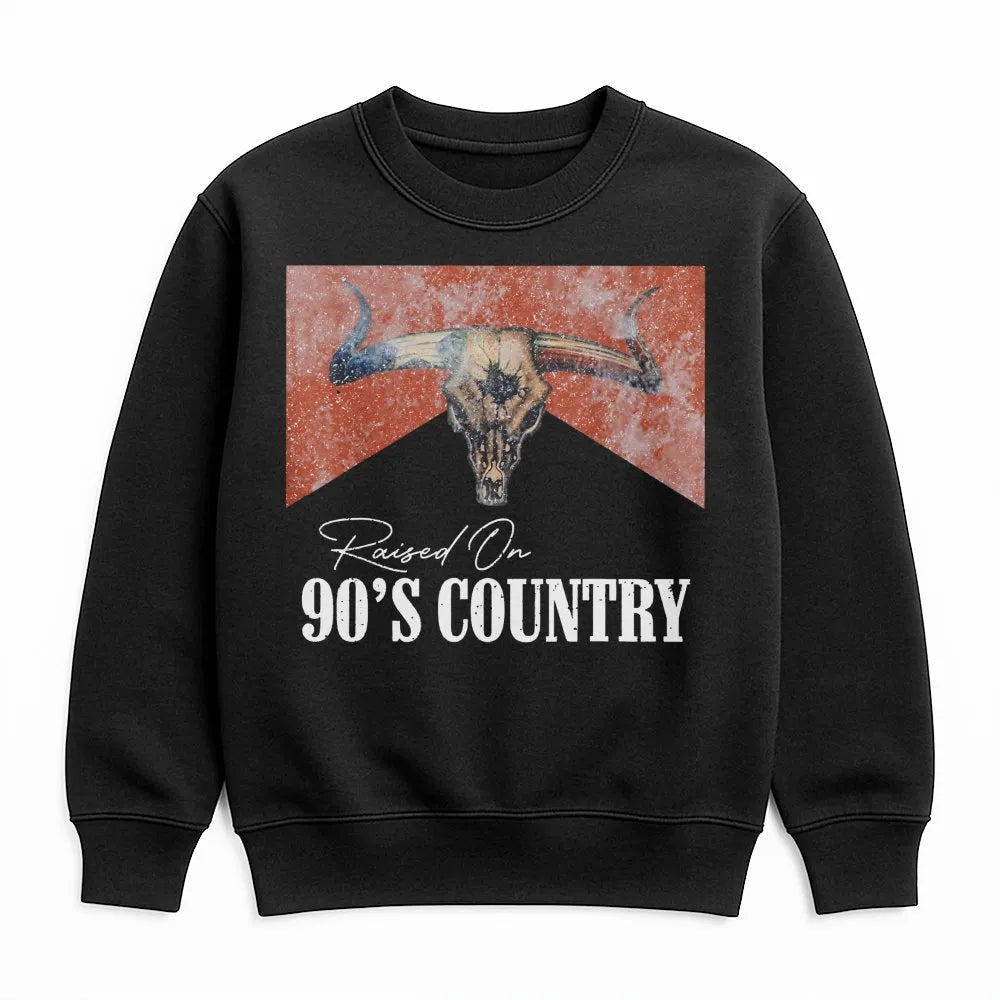 Raised On 90s Country Sweatshirt | Distressed Bull Skull Graphic | Premium Cotton Blend | Vintage Western Concert Outfit Gift