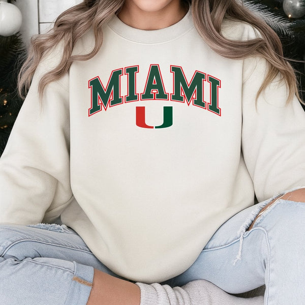 Miami Hurricanes Arched Logo Sweatshirt | Collegiate Sports Fan Graphic Pullover | Soft Cotton Polyester Blend | Unisex Gift 