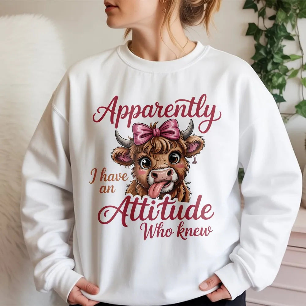 Highland Cow Sweatshirt | Apparently I Have An Attitude Funny Graphic | Premium Cotton Blend | Gift For Farm Animal Lovers An