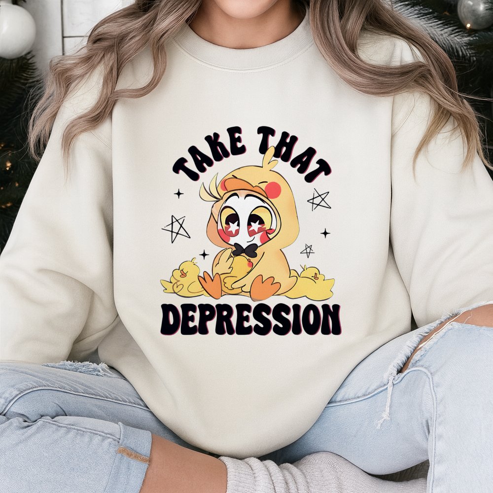 Take That Depression Graphic Sweatshirt | Cute Duckling Cartoon Print | Premium Cotton Blend | Unisex Casual Gift for Mental 