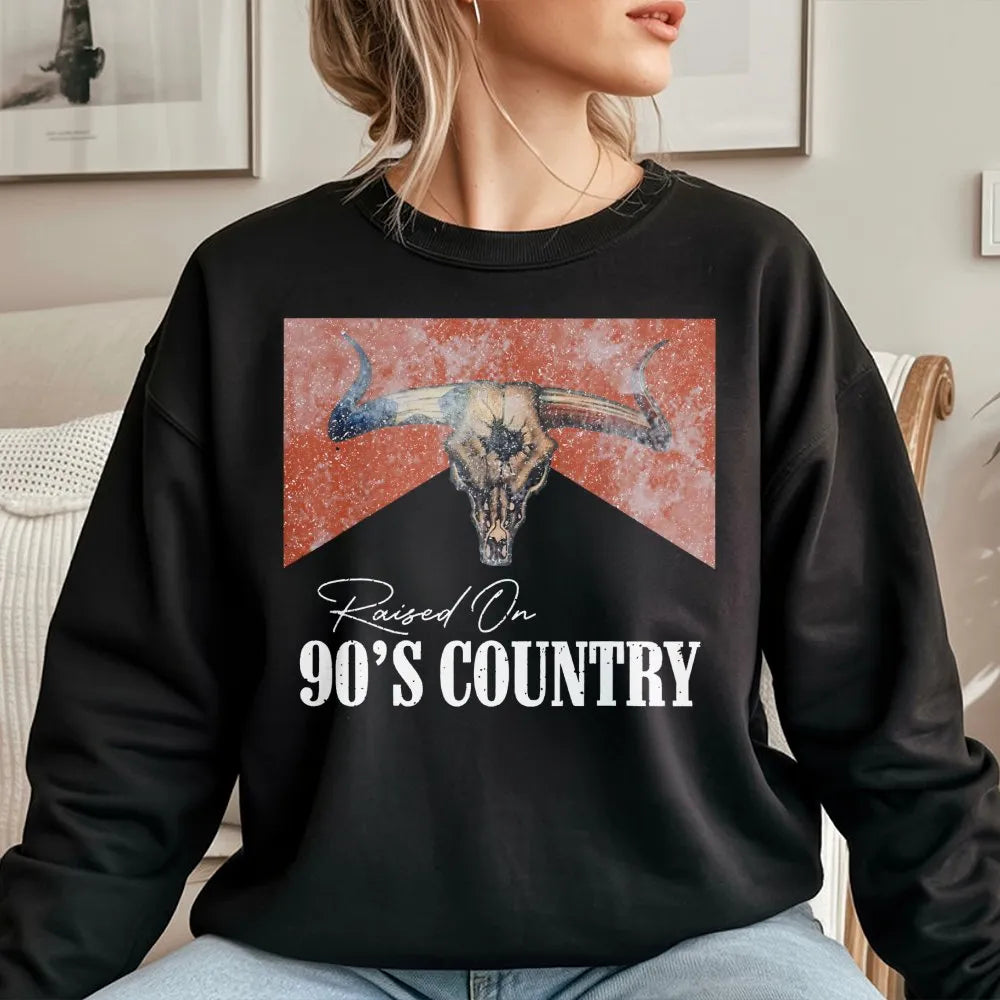 Raised On 90s Country Sweatshirt | Distressed Bull Skull Graphic | Premium Cotton Blend | Vintage Western Concert Outfit Gift