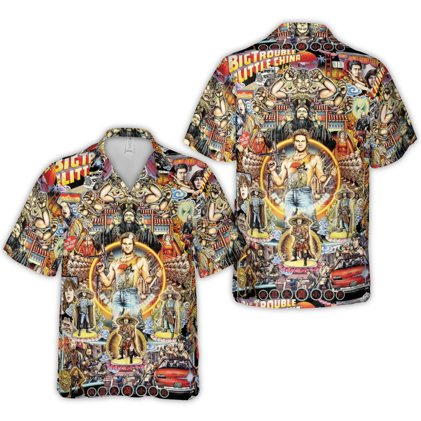 Big Trouble in Little China Hawaiian Shirt | Retro 80s Movie Poster Collage | Woven Polyester Aloha Shirt | Collector's Gift 