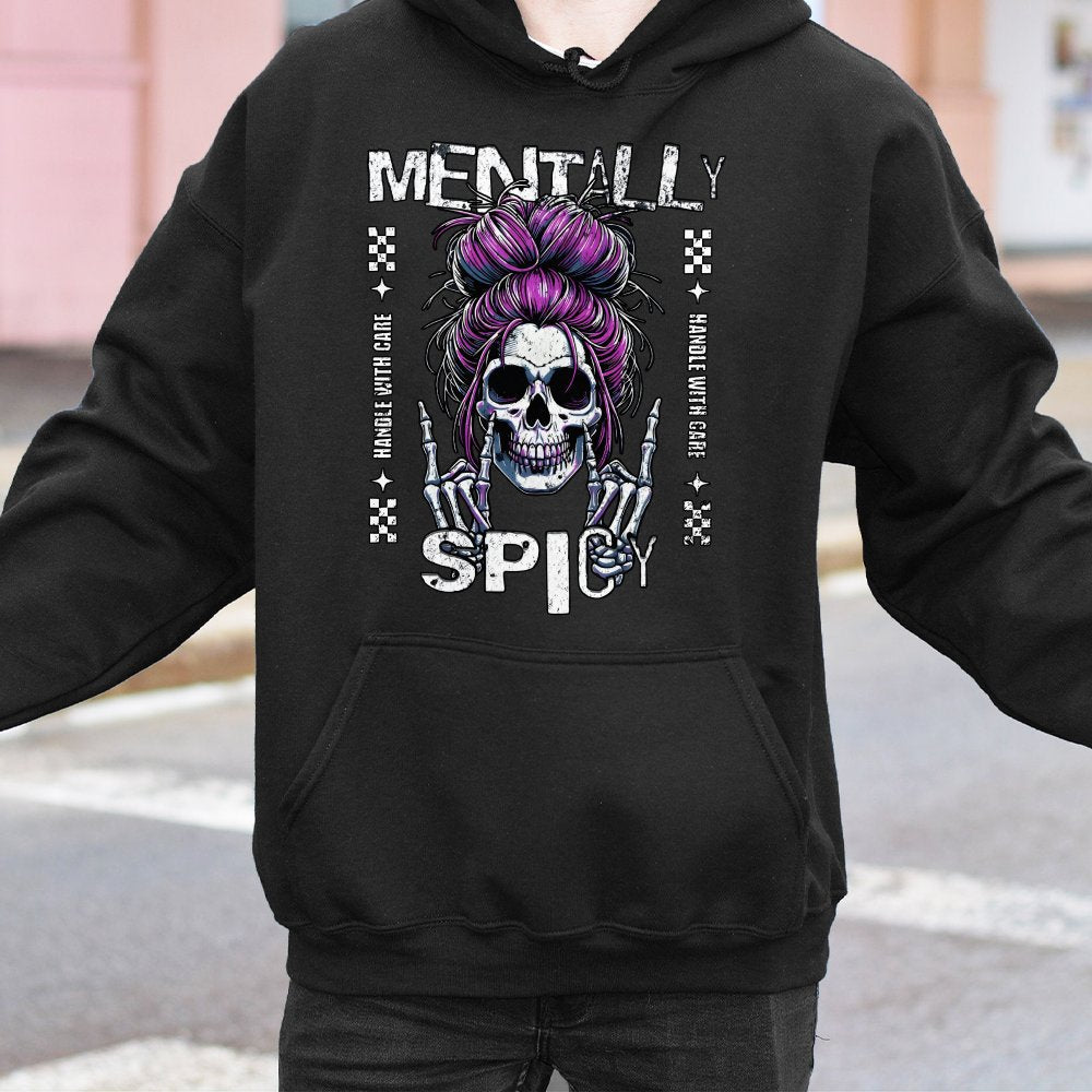 Mentally Spicy Hoodie | Sassy Skull Purple Messy Bun Graphic | Cotton-Polyester Blend | Funny Sarcastic Gift for Women & Teen