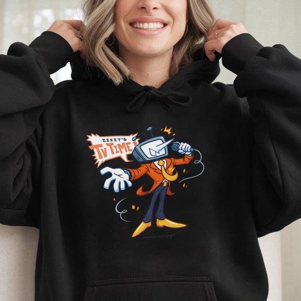 Retro TV Show Host Hoodie | Cartoon Television Character Graphic | Premium Cotton-Blend Fleece | Unique Gaming & Pop Culture 