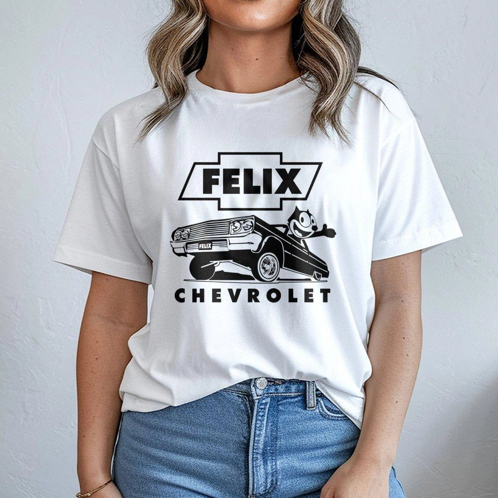 Felix The Cat Car T-Shirt | Retro Impala Lowrider Graphic | Premium Soft Cotton Unisex Tee | Classic Automotive Apparel Gift 