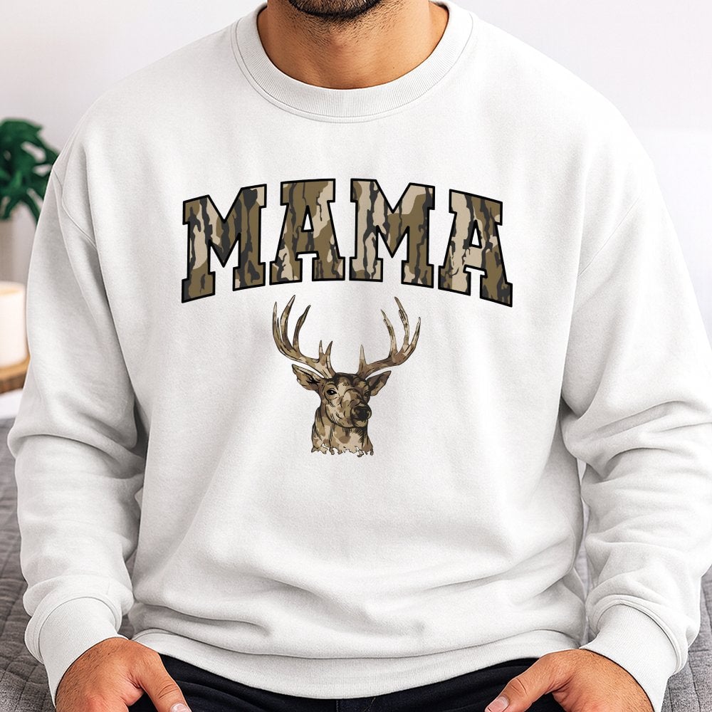 Mama Deer Hunting Sweatshirt | Camo Lettering Graphic Crewneck | Premium Cotton Blend | Gift for Hunter Mom Birthday or Mothe