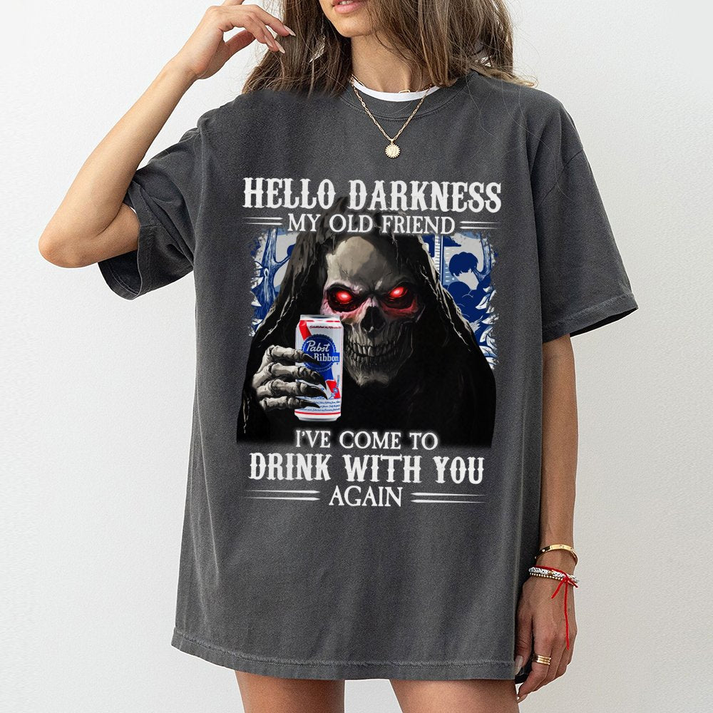 Grim Reaper Beer T-Shirt | Hello Darkness My Old Friend Graphic | Premium Cotton Unisex Tee | Funny Drinking Gift for Beer Lo