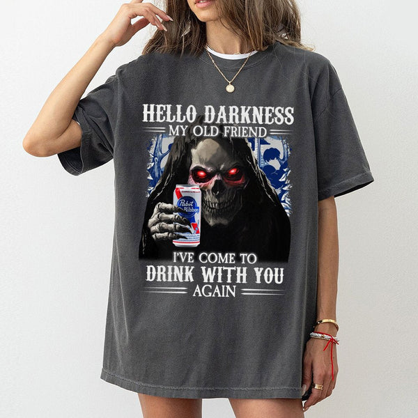Grim Reaper Beer T-Shirt | Hello Darkness My Old Friend Graphic | Premium Cotton Unisex Tee | Funny Drinking Gift for Beer Lo