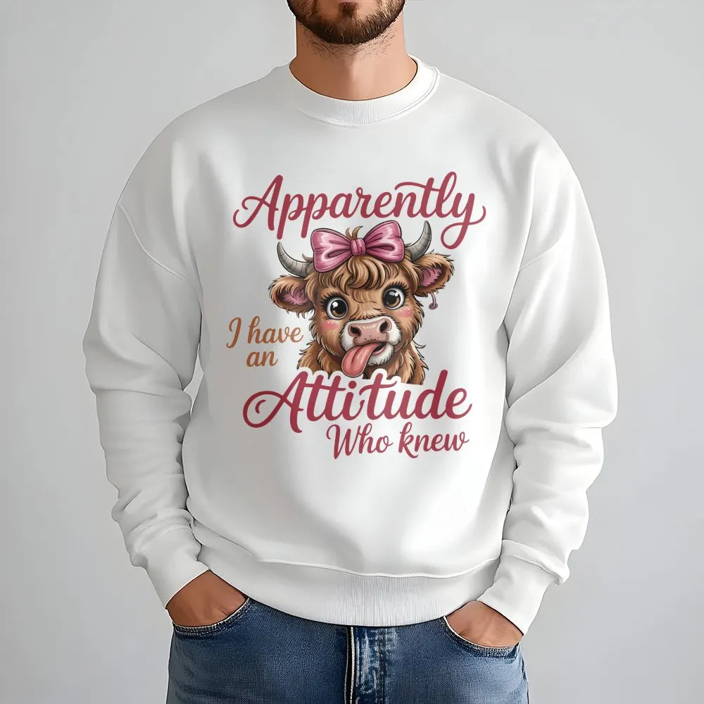 Highland Cow Sweatshirt | Apparently I Have An Attitude Funny Graphic | Premium Cotton Blend | Gift For Farm Animal Lovers An