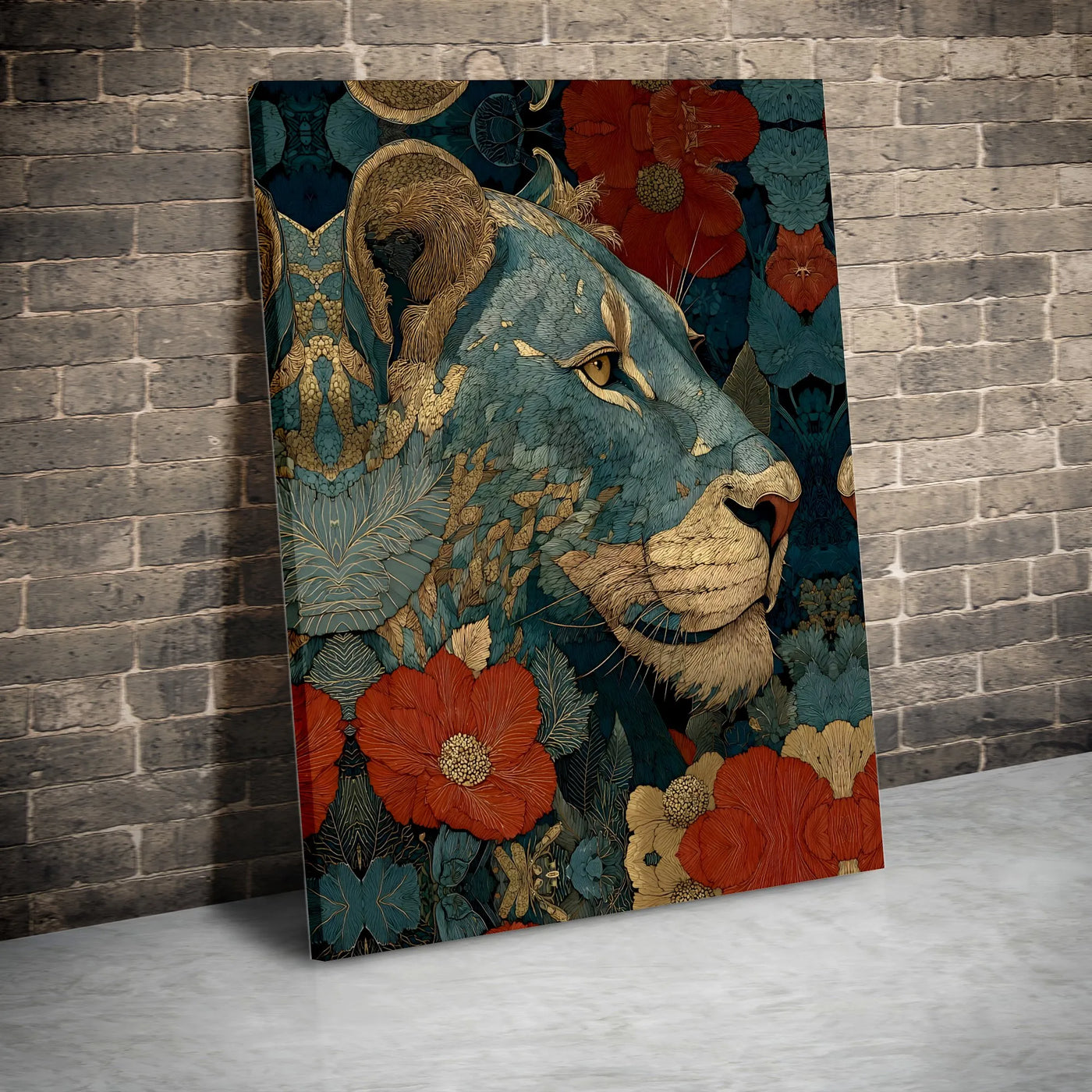 Lioness Wall Art Canvas | Art Nouveau Floral Animal Portrait | Gallery-Grade Fade-Resistant Print | Elegant Home Decor Gift F