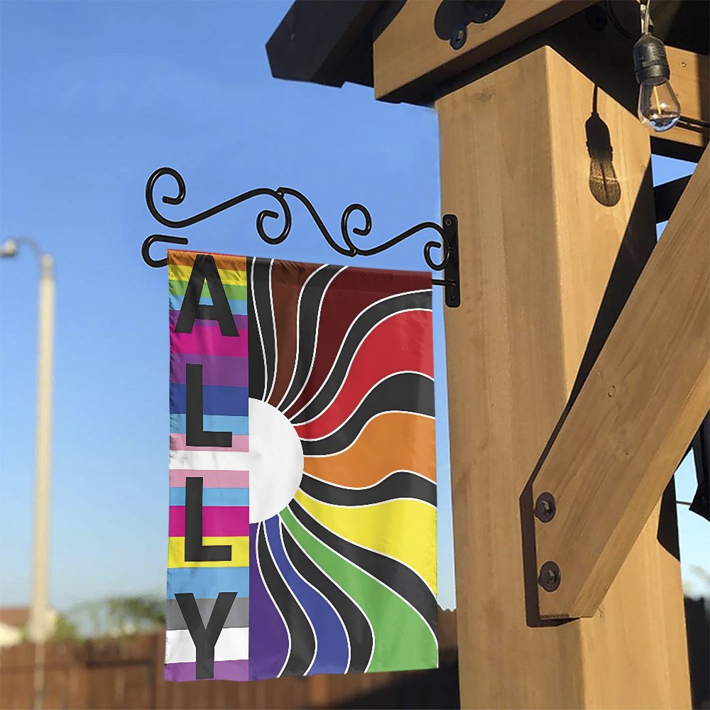 LGBTQ Ally Garden Flag | Pride Rainbow Sunburst Design | Durable Weather-Resistant Polyester | Outdoor Pride Month Decor Gift