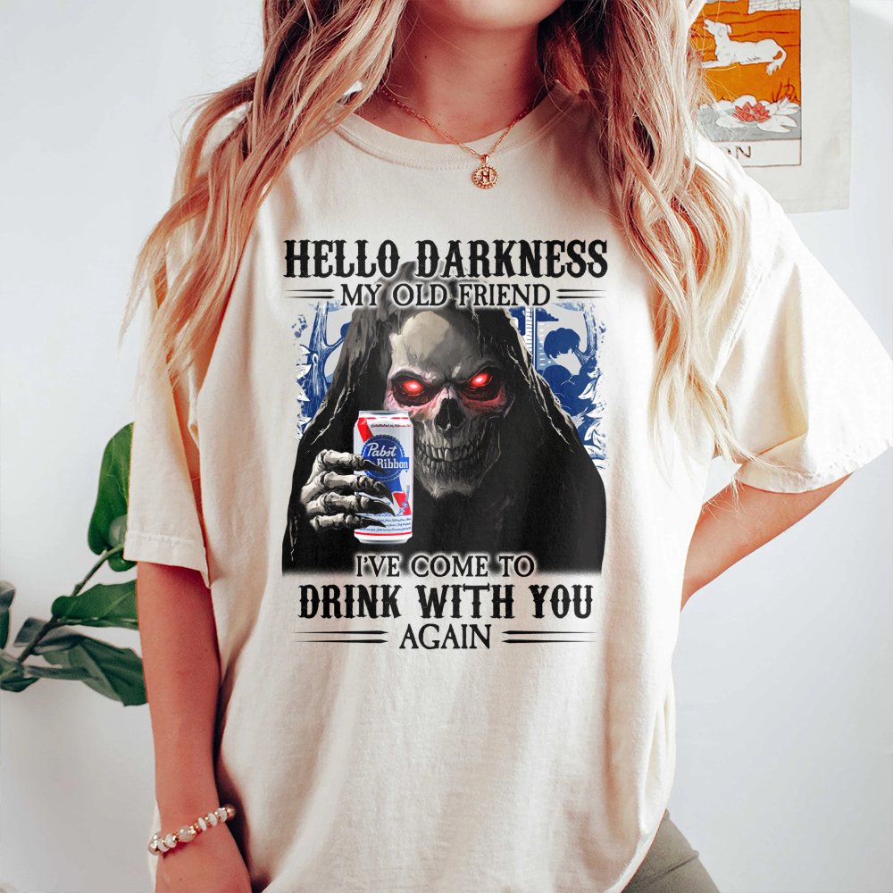Grim Reaper Beer T-Shirt | Hello Darkness My Old Friend Graphic | Premium Cotton Unisex Tee | Funny Drinking Gift for Beer Lo