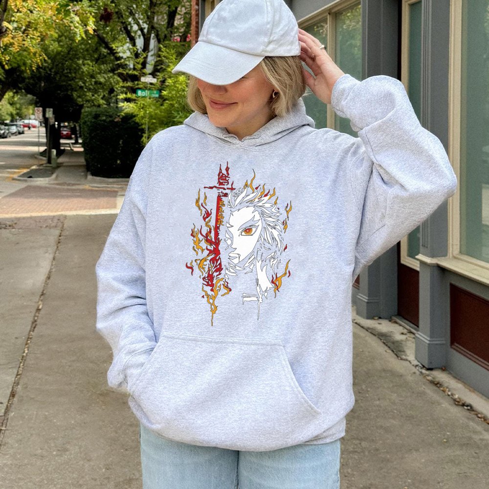 Flame Hashira Anime Hoodie | Kyojuro Rengoku Graphic Print | Premium Cotton Blend | Gift for Manga and Otaku Fans
