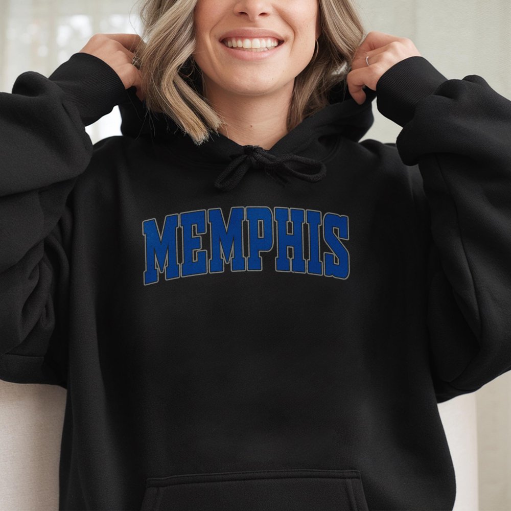 Memphis Hoodie | Vintage Blue Collegiate Font Graphic | Premium Cotton-Poly Blend | Unisex Souvenir Gift for Students and Res