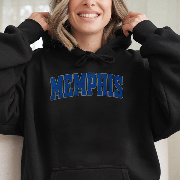 Memphis Hoodie | Vintage Blue Collegiate Font Graphic | Premium Cotton-Poly Blend | Unisex Souvenir Gift for Students and Res