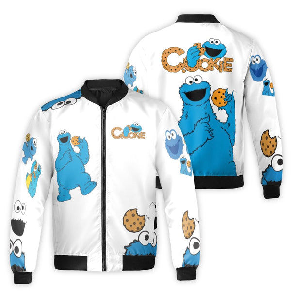 Cookie Monster Bomber Jacket | Nostalgic Cartoon Streetwear | Durable Nylon Shell | Fun Gift for Fans and Cookie Lovers