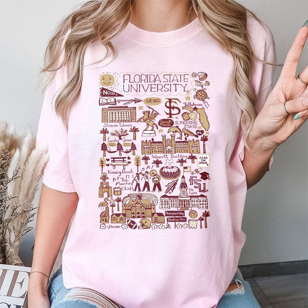 Florida State University Map T-Shirt | Campus Landmark Doodle Art | 100% Cotton Premium Tee | FSU Seminoles Fan Apparel Gift 